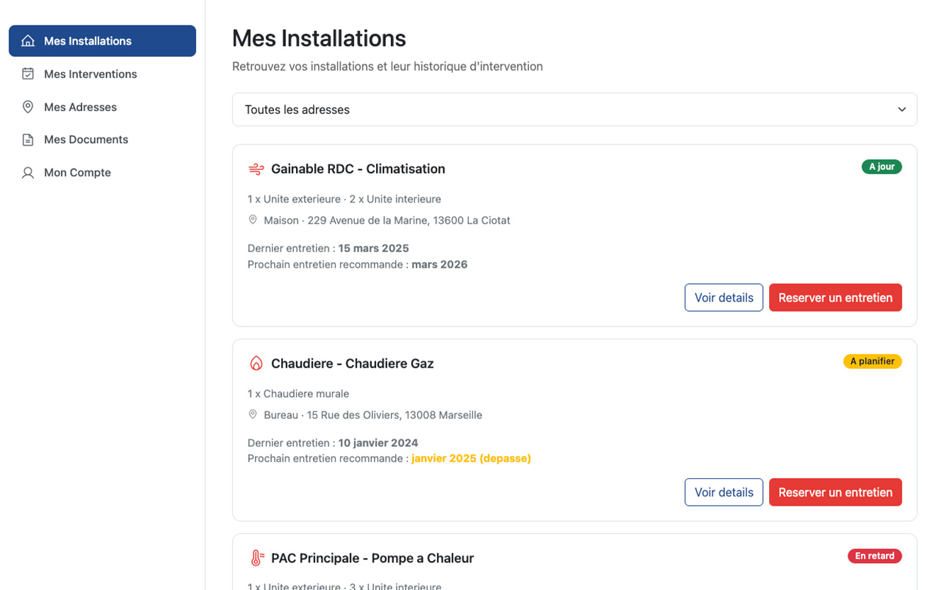 Espace client artisan CVC : factures, attestations et historique d'interventions