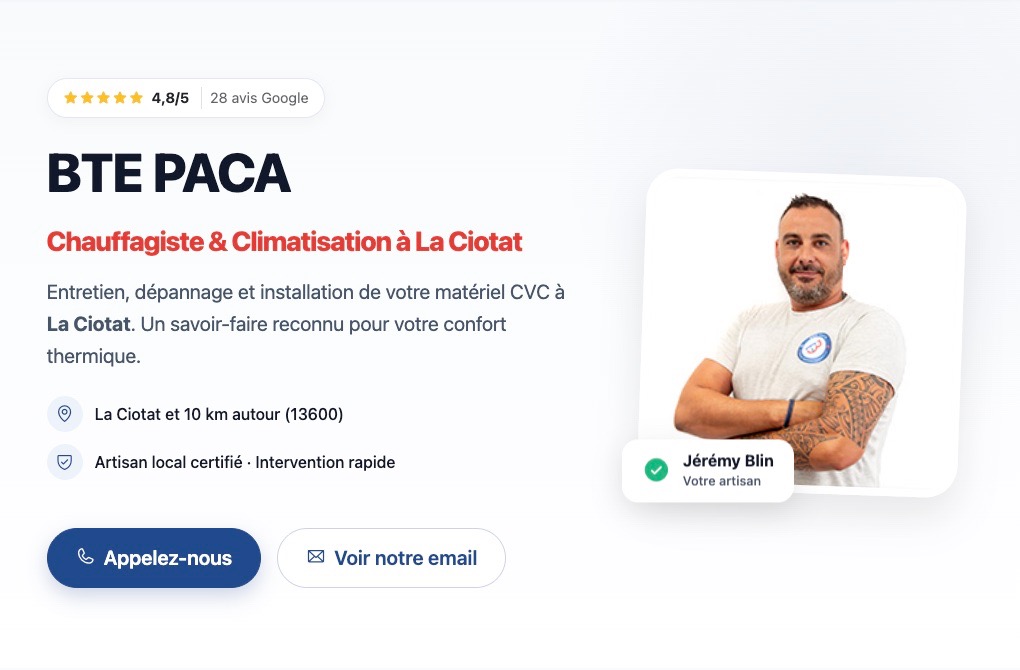 Offre Page Start : site vitrine professionnel d'un artisan CVC avec avis Google